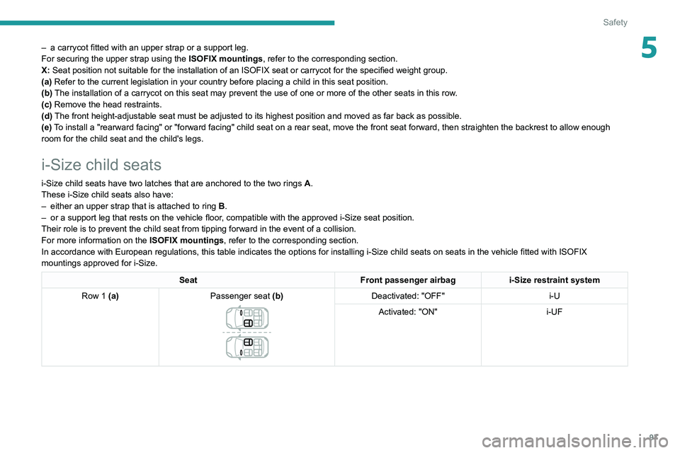 PEUGEOT 508 2021  Owners Manual 97
Safety
5– a carrycot fitted with an upper strap or a support leg.
For securing the upper strap using the  ISOFIX mountings, refer to the corresponding section.
X:
 Seat position not suitable for 