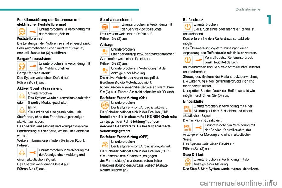 PEUGEOT 508 2021  Betriebsanleitungen (in German) 17
Bordinstrumente
1Funktionsstörung der Notbremse (mit 
elektrischer Feststellbremse)
Ununterbrochen, in Verbindung mit der Meldung „Fehler 
Feststellbremse“
Die Leistungen der Notbremse sind ei