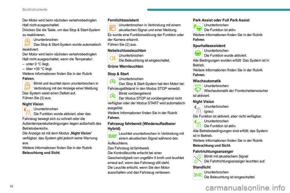 PEUGEOT 508 2021  Betriebsanleitungen (in German) 18
Bordinstrumente
Der Motor wird beim nächsten verkehrsbedingten 
Halt nicht ausgeschaltet.
Drücken Sie die Taste, um das Stop & Start-System 
zu reaktivieren.
UnunterbrochenDas Stop & Start-System