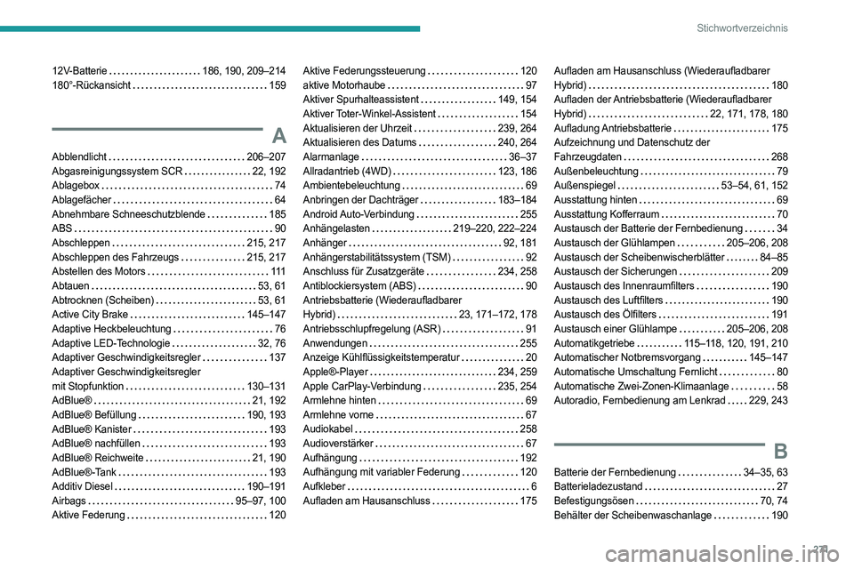 PEUGEOT 508 2021  Betriebsanleitungen (in German) 271
Stichwortverzeichnis
12V-Batterie     186, 190, 209–214
180°-Rückansicht     
159
A
Abblendlicht     206–207
Abgasreinigungssystem SCR    
22, 192
Ablagebox
    
74
Ablagefächer
    
64
Abn