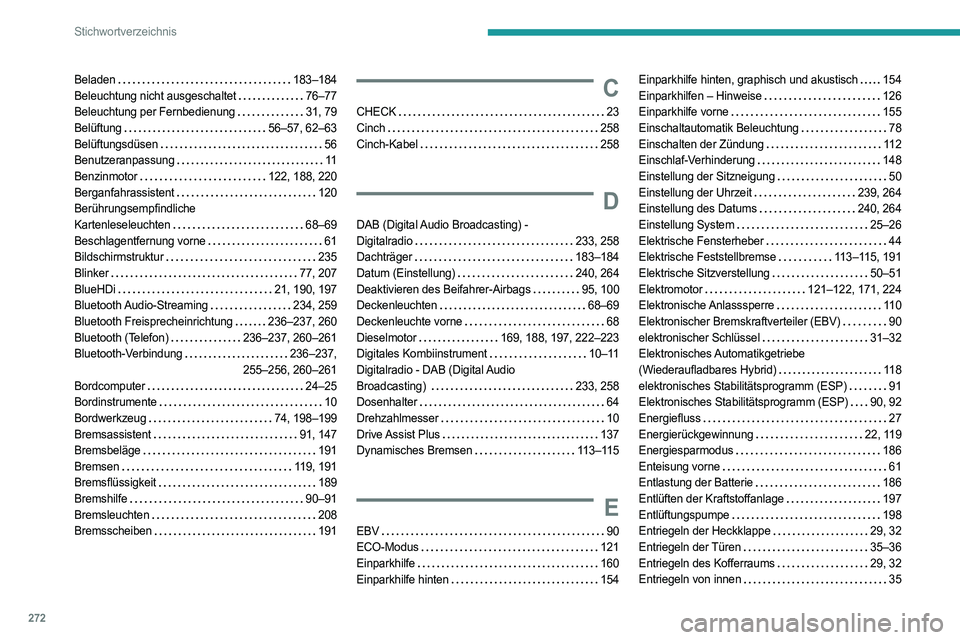 PEUGEOT 508 2021  Betriebsanleitungen (in German) 272
Stichwortverzeichnis
Beladen     183–184
Beleuchtung nicht ausgeschaltet    
76–77
Beleuchtung per Fernbedienung
   
31, 79
Belüftung
    
56–57, 62–63
Belüftungsdüsen
    
56
Benutzera