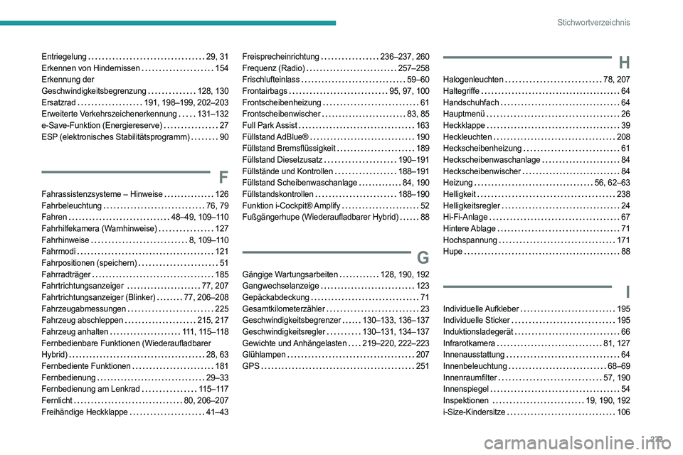 PEUGEOT 508 2021  Betriebsanleitungen (in German) 273
Stichwortverzeichnis
Entriegelung     29, 31
Erkennen von Hindernissen    
154
Erkennung der   
Geschwindigkeitsbegrenzung
    
128, 130
Ersatzrad
    
191, 198–199, 202–203
Erweiterte Verkehr