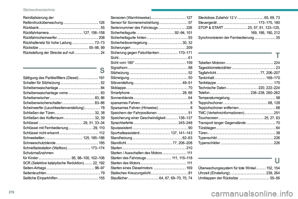 PEUGEOT 508 2021  Betriebsanleitungen (in German) 276
Stichwortverzeichnis
Reinitialisierung der  
Reifendrucküberwachung     
126
Rückbank
    
55
Rückfahrkamera
    
127, 156–158
Rückfahrscheinwerfer
    
208
Rückhaltenetz für hohe Ladung
 