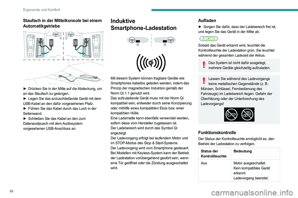 PEUGEOT 508 2021  Betriebsanleitungen (in German) 66
Ergonomie und Komfort
Staufach in der Mittelkonsole bei einem 
Automatikgetriebe
 
 
► Drücken Sie in der Mitte auf die Abdeckung, um 
an das Staufach zu gelangen.
►
 
Legen Sie das anzuschlie