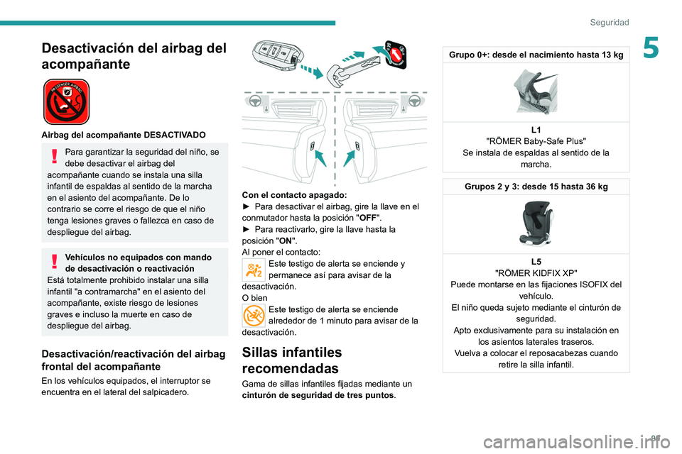 PEUGEOT 508 2021 Manual del propietario (in Spanish) 99
Seguridad
5Desactivación del airbag del
acompañante
Airbag del acompañante DESACTIVADO
Para garantizar la seguridad del niño, se
debe desactivar el airbag del
acompañante cuando se inst PEUGEOT 508 2021 Manual del propietario (in Spanish) 99
Seguridad
5Desactivación del airbag del
acompañante
Airbag del acompañante DESACTIVADO
Para garantizar la seguridad del niño, se
debe desactivar el airbag del
acompañante cuando se inst