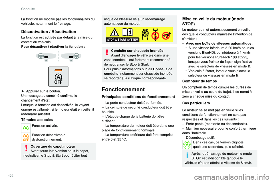 PEUGEOT 508 2021 Manuel du propriétaire (in French) 120
Conduite
La fonction ne modifie pas les fonctionnalités du
véhicule, notamment le freinage.
Désactivation / Réactivation
La fonction est activée par défaut à la mise du
contact du véhicu PEUGEOT 508 2021 Manuel du propriétaire (in French) 120
Conduite
La fonction ne modifie pas les fonctionnalités du
véhicule, notamment le freinage.
Désactivation / Réactivation
La fonction est activée par défaut à la mise du
contact du véhicu