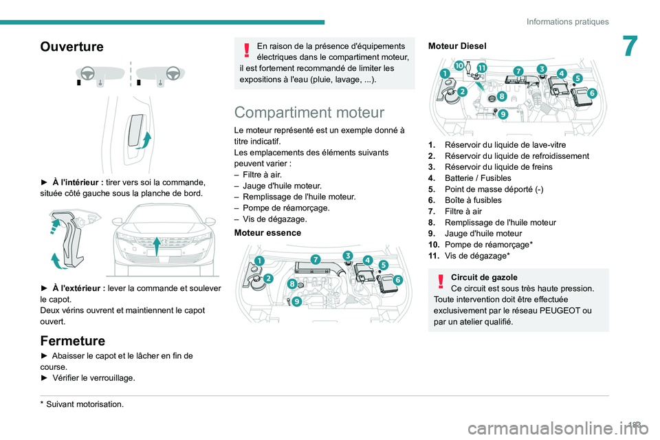 PEUGEOT 508 2021 Manuel du propriétaire (in French) 183
Informations pratiques
7Ouverture
► À l'intérieur : tirer vers soi la commande,
située côté gauche sous la planche de bord.
► À l'extérieur : lever la commande et PEUGEOT 508 2021 Manuel du propriétaire (in French) 183
Informations pratiques
7Ouverture
► À l'intérieur : tirer vers soi la commande,
située côté gauche sous la planche de bord.
► À l'extérieur : lever la commande et