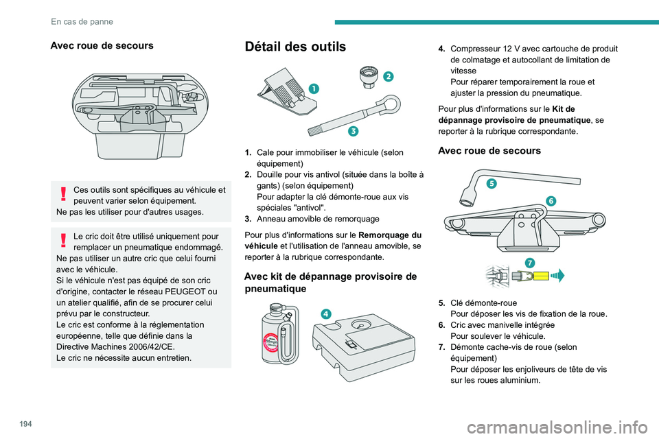 PEUGEOT 508 2021 Manuel du propriétaire (in French) 194
En cas de panne
Avec roue de secours
Ces outils sont spécifiques au véhicule et
peuvent varier selon équipement.
Ne pas les utiliser pour d'autres usages.
Le cric doit être utilisé un PEUGEOT 508 2021 Manuel du propriétaire (in French) 194
En cas de panne
Avec roue de secours
Ces outils sont spécifiques au véhicule et
peuvent varier selon équipement.
Ne pas les utiliser pour d'autres usages.
Le cric doit être utilisé un