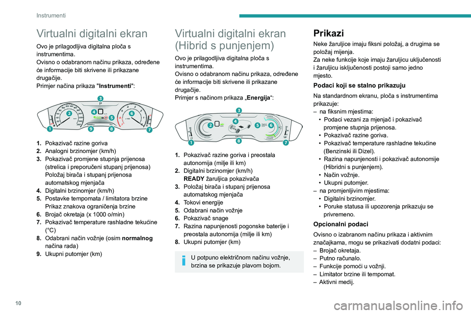 PEUGEOT 508 2021 Upute Za Rukovanje (in Croatian) 10
Instrumenti
Virtualni digitalni ekran
Ovo je prilagodljiva digitalna ploča s
instrumentima.
Ovisno o odabranom načinu prikaza, određene
će informacije biti skrivene ili prikazane
drugačije. PEUGEOT 508 2021 Upute Za Rukovanje (in Croatian) 10
Instrumenti
Virtualni digitalni ekran
Ovo je prilagodljiva digitalna ploča s
instrumentima.
Ovisno o odabranom načinu prikaza, određene
će informacije biti skrivene ili prikazane
drugačije.