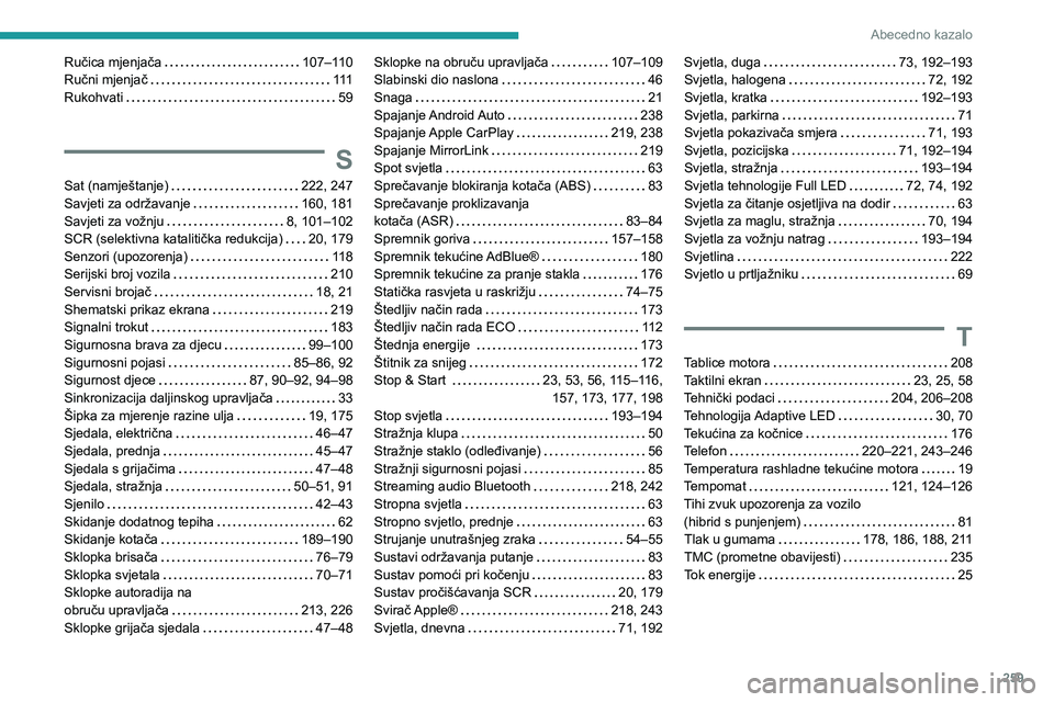 PEUGEOT 508 2021 Upute Za Rukovanje (in Croatian) 259
Abecedno kazalo
Ručica mjenjača 107–110
Ručni mjenjač 111
Rukohvati
59
S
Sat (namještanje) 222, 247
Savjeti za održavanje
160, 181
Savjeti za vožnju
8, 101–10 PEUGEOT 508 2021 Upute Za Rukovanje (in Croatian) 259
Abecedno kazalo
Ručica mjenjača 107–110
Ručni mjenjač 111
Rukohvati
59
S
Sat (namještanje) 222, 247
Savjeti za održavanje
160, 181
Savjeti za vožnju
8, 101–10