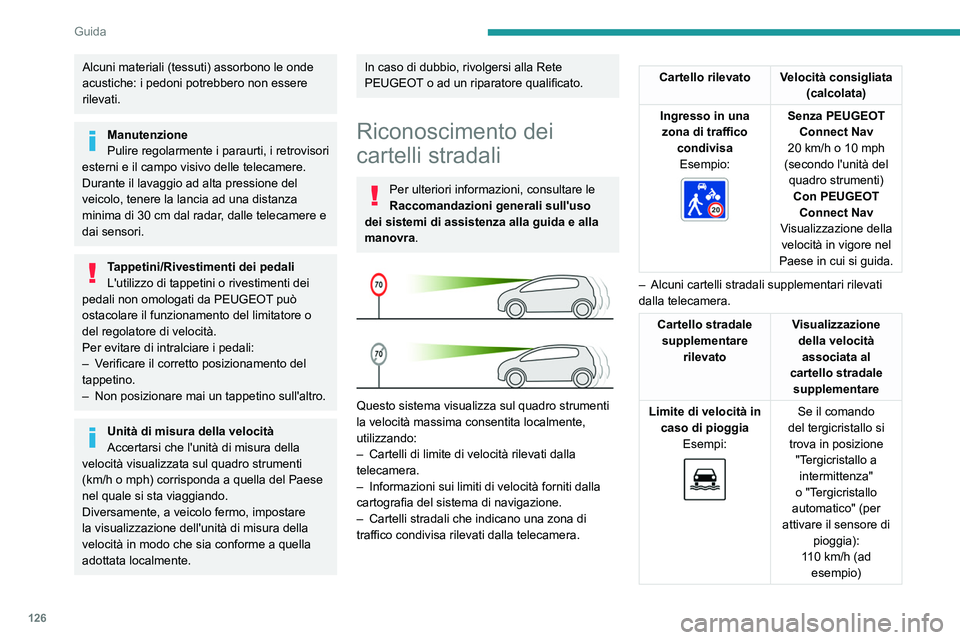 PEUGEOT 508 2021  Manuale duso (in Italian) 126
Guida
Alcuni materiali (tessuti) assorbono le onde 
acustiche: i pedoni potrebbero non essere 
rilevati.
Manutenzione
Pulire regolarmente i paraurti, i retrovisori 
esterni e il campo visivo delle