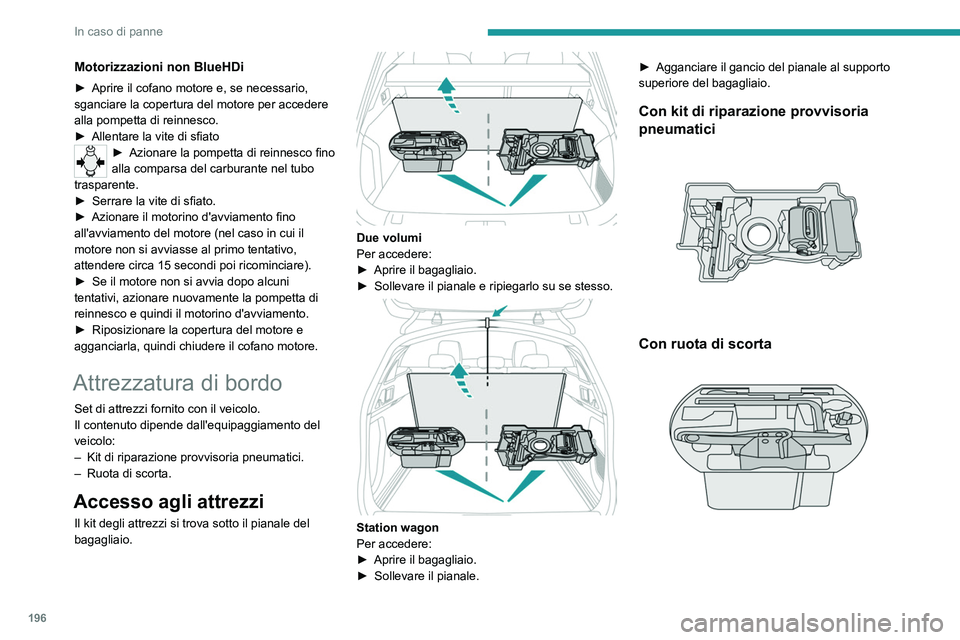 PEUGEOT 508 2021  Manuale duso (in Italian) 196
In caso di panne
Questi attrezzi sono specifici per questo 
veicolo e possono variare secondo 
l'equipaggiamento.
Non utilizzarli per altri scopi.
Il cric deve essere utilizzato unicamente 
pe