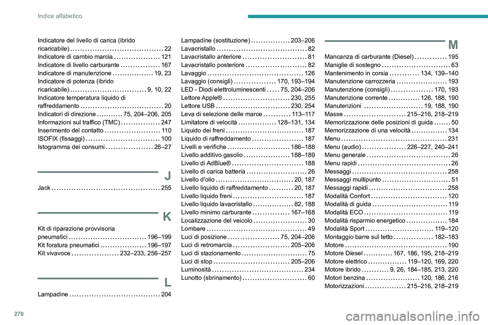 PEUGEOT 508 2021  Manuale duso (in Italian) 270
Indice alfabetico
Indicatore del livello di carica (ibrido  
ricaricabile)    
22
Indicatore di cambio marcia
    
121
Indicatore di livello carburante
    
167
Indicatore di manutenzione
    
19,
