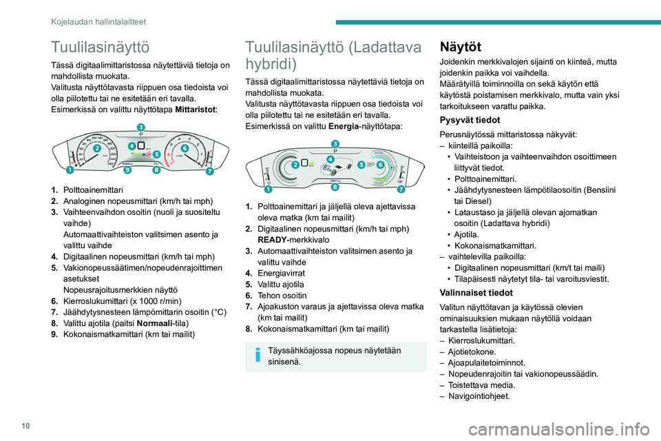 PEUGEOT 508 2021 Omistajan Käsikirja (in Finnish) 10
Kojelaudan hallintalaitteet
Tuulilasinäyttö
Tässä digitaalimittaristossa näytettäviä tietoja on
mahdollista muokata.
Valitusta näyttötavasta riippuen osa tiedoista voi
olla piilotettu ta PEUGEOT 508 2021 Omistajan Käsikirja (in Finnish) 10
Kojelaudan hallintalaitteet
Tuulilasinäyttö
Tässä digitaalimittaristossa näytettäviä tietoja on
mahdollista muokata.
Valitusta näyttötavasta riippuen osa tiedoista voi
olla piilotettu ta