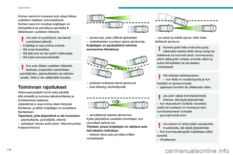 PEUGEOT 508 2021  Omistajan Käsikirja (in Finnish) 130
Ajaminen
– Kun auton etuosaa on muokattu 
(esimerkiksi lisäämällä pitkät ajovalot tai 
etupuskuri on maalattu).
–  Tutka peitetty.
Toimintahäiriö
Jos tulee toimintahäiriö, 
viivat tul