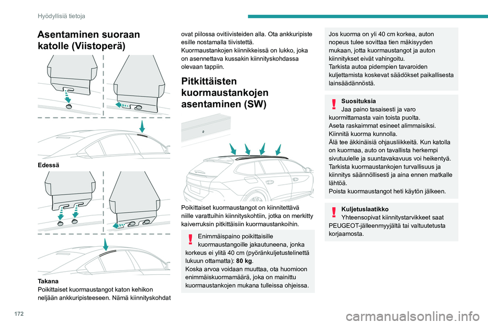 PEUGEOT 508 2021  Omistajan Käsikirja (in Finnish) 172
Hyödyllisiä tietoja
 
Kattoluukku
Älä liikuta kattoluukkua, kun käytetään 
kuormaustankoja. Vakavan vaurion vaara!
Pyörä-/lisävarusteteline
Älä kiinnitä pyörä-/lisävarustetelinett