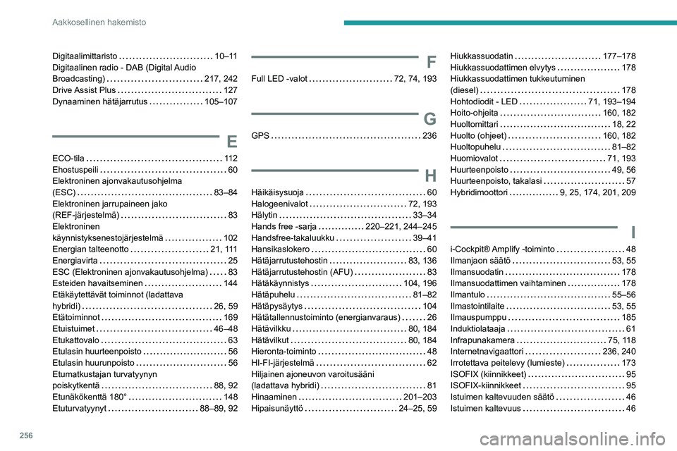 PEUGEOT 508 2021  Omistajan Käsikirja (in Finnish) 256
Aakkosellinen hakemisto
Digitaalimittaristo     10–11
Digitaalinen radio - DAB (Digital Audio 
Broadcasting)
    
217, 242
Drive Assist  Plus
    
127
Dynaaminen hätäjarrutus
    
105–107
E
