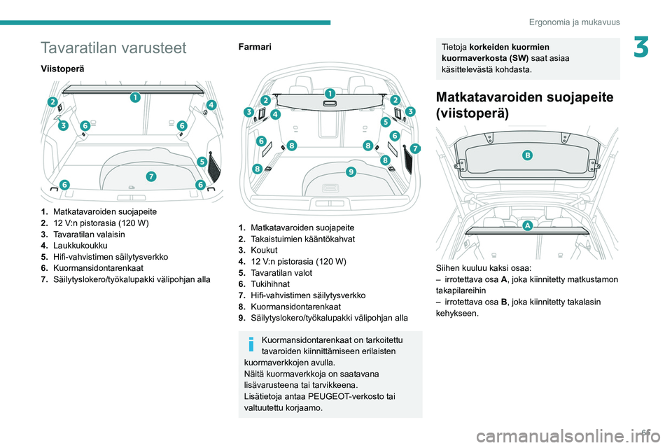PEUGEOT 508 2021 Omistajan Käsikirja (in Finnish) 65
Ergonomia ja mukavuus
3Tavaratilan varusteet
Viistoperä
1.Matkatavaroiden suojapeite
2. 12
V:n pistorasia (120 W)
3. Tavaratilan valaisin
4. Laukkukoukku
5. Hifi-vahvistimen
säilytysve PEUGEOT 508 2021 Omistajan Käsikirja (in Finnish) 65
Ergonomia ja mukavuus
3Tavaratilan varusteet
Viistoperä
1.Matkatavaroiden suojapeite
2. 12
V:n pistorasia (120 W)
3. Tavaratilan valaisin
4. Laukkukoukku
5. Hifi-vahvistimen
säilytysve