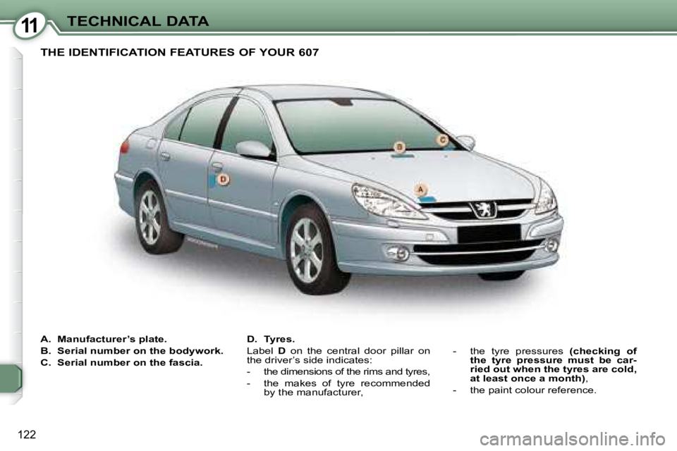 PEUGEOT 607 2007.5  Owners Manual 11TECHNICAL DATA
122
   A.   Manufacturer’s plate.  
  B.   Serial number on the bodywork. 
  C.   Serial number on the fascia.   D.   Tyres.  
 Label   
D� �  �o�n�  �t�h�e�  �c�e�n�t�r�a�l�  �d�o�