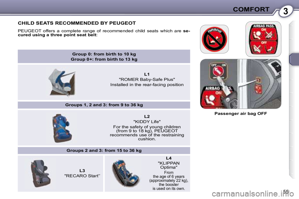 PEUGEOT 607 2007.5  Owners Manual 3COMFORT
55
          CHILD SEATS RECOMMENDED BY PEUGEOT 
� �P�E�U�G�E�O�T�  �o�f�f�e�r�s�  �a�  �c�o�m�p�l�e�t�e�  �r�a�n�g�e�  �o�f�  �r�e�c�o�m�m�e�n�d�e�d�  �c�h�i�l�d�  �s�e�a�t�s�  �w�h�i�c�h�  