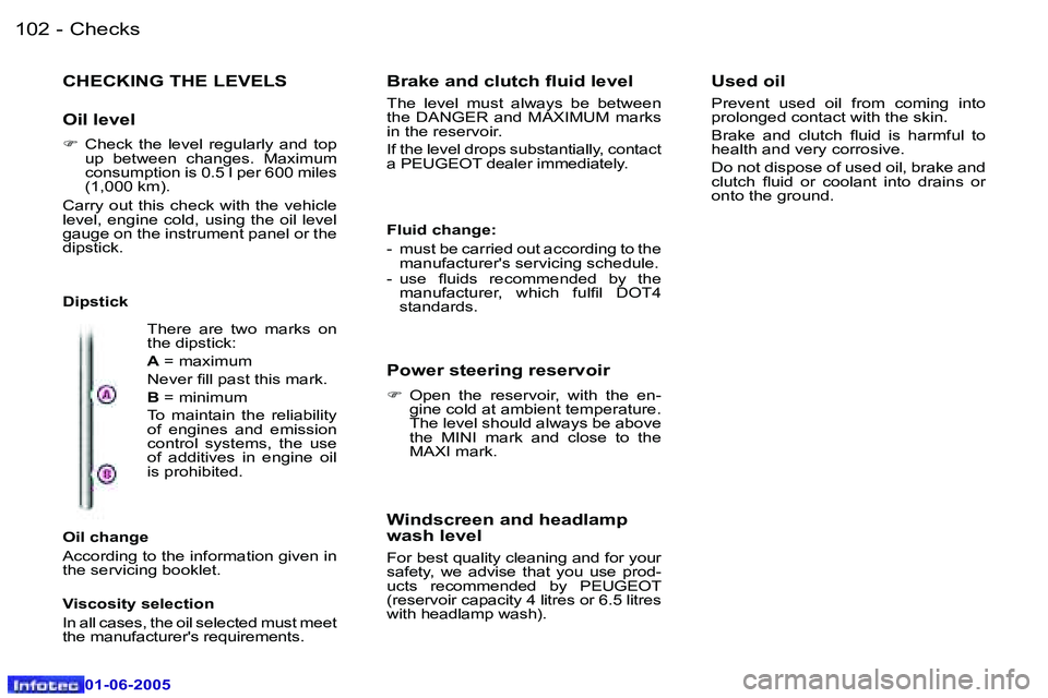 PEUGEOT 607 2005.5  Owners Manual �1�0�2 �-�C�h�e�c�k�s
�0�1�-�0�6�-�2�0�0�5
�1�0�3
�-�C�h�e�c�k�s
�0�1�-�0�6�-�2�0�0�5
�C�H�E�C�K�I�N�G� �T�H�E� �L�E�V�E�L�S
�O�i�l� �l�e�v�e�l
�F
� �C�h�e�c�k�  �t�h�e�  �l�e�v�e�l�  �r�e�g�u�l�a�r�l