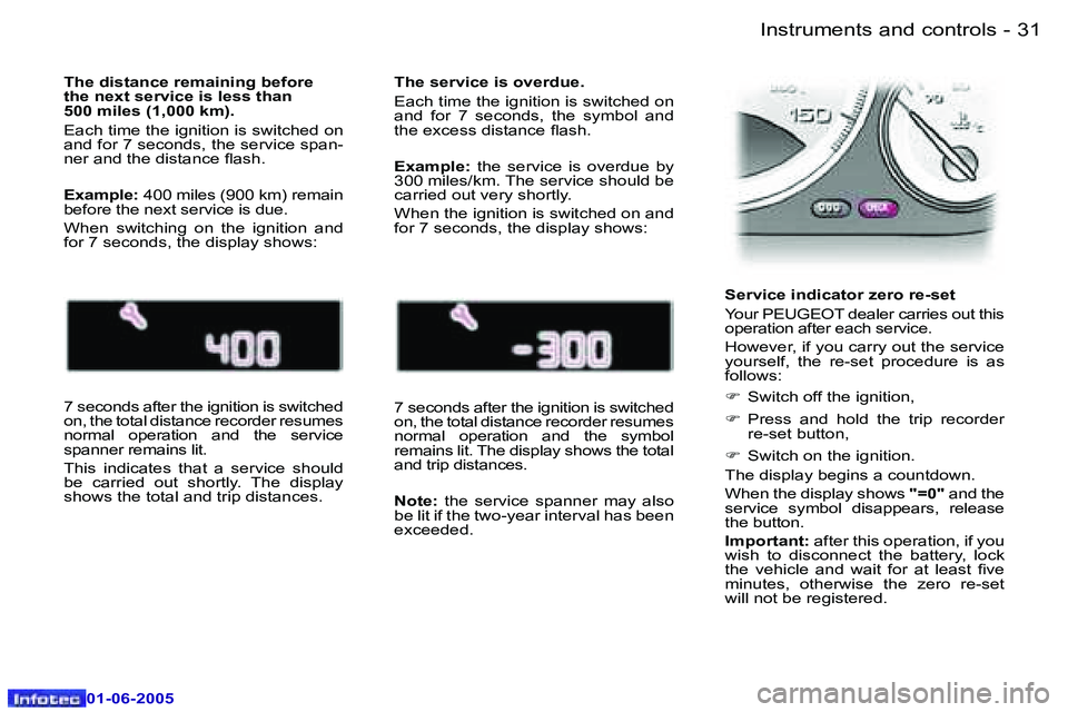 PEUGEOT 607 2005.5  Owners Manual �3�0 �-�I�n�s�t�r�u�m�e�n�t�s� �a�n�d� �c�o�n�t�r�o�l�s
�0�1�-�0�6�-�2�0�0�5
�3�1
�-�I�n�s�t�r�u�m�e�n�t�s� �a�n�d� �c�o�n�t�r�o�l�s
�0�1�-�0�6�-�2�0�0�5
�T�h�e� �d�i�s�t�a�n�c�e� �r�e�m�a�i�n�i�n�g� 