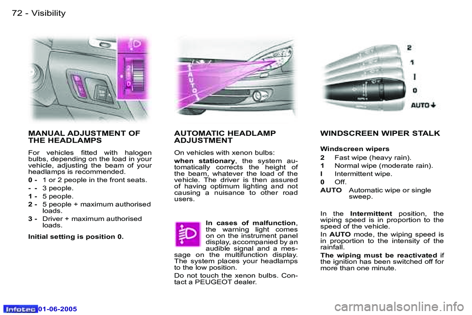 PEUGEOT 607 2005.5  Owners Manual �7�2 �-�V�i�s�i�b�i�l�i�t�y
�0�1�-�0�6�-�2�0�0�5
�7�3
�-�V�i�s�i�b�i�l�i�t�y
�0�1�-�0�6�-�2�0�0�5
�M�A�N�U�A�L� �A�D�J�U�S�T�M�E�N�T� �O�F�  
�T�H�E� �H�E�A�D�L�A�M�P�S
�F�o�r�  �v�e�h�i�c�l�e�s�  �i�