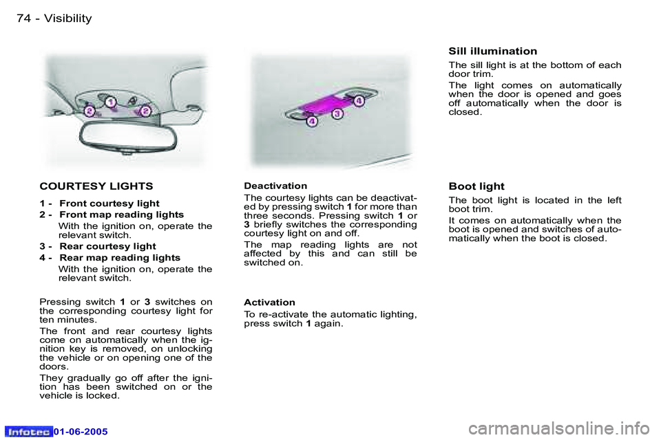 PEUGEOT 607 2005.5  Owners Manual �7�4 �-�V�i�s�i�b�i�l�i�t�y
�0�1�-�0�6�-�2�0�0�5
�C�O�U�R�T�E�S�Y� �L�I�G�H�T�S
�1� �-�  �F�r�o�n�t� �c�o�u�r�t�e�s�y� �l�i�g�h�t 
�2� �-�  �F�r�o�n�t� �m�a�p� �r�e�a�d�i�n�g� �l�i�g�h�t�s�W�i�t�h�  �