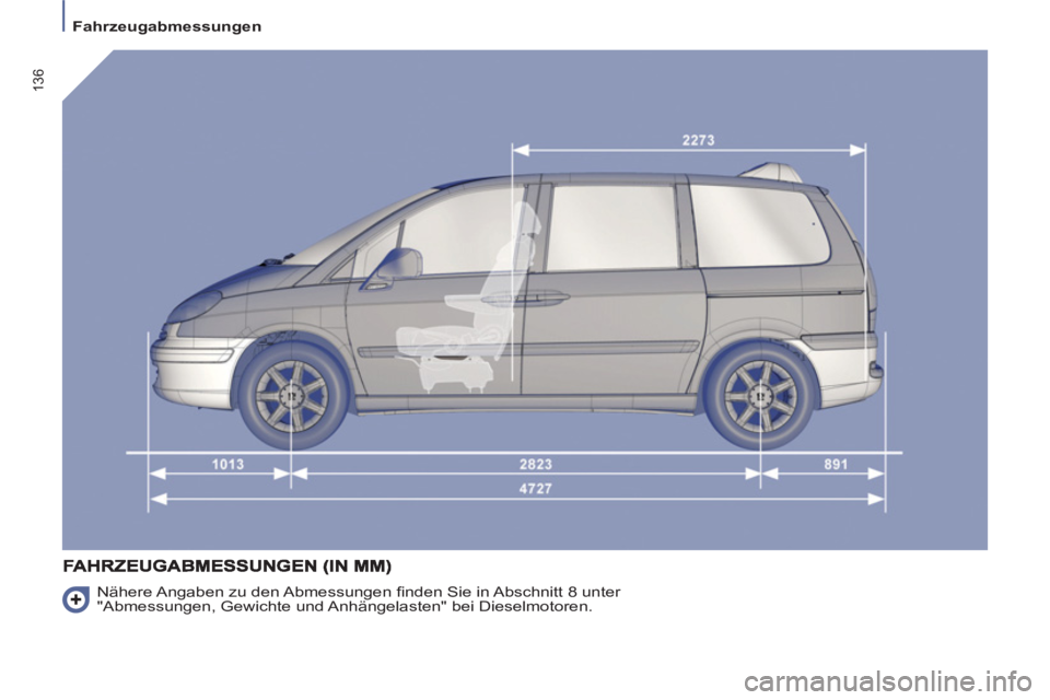 PEUGEOT 807 2013  Betriebsanleitungen (in German) 136
  Fahrzeugabmessungen 
 
Nähere Angaben zu den Abmessungen ﬁ nden Sie in Abschnitt 8 unter 
"Abmessungen, Gewichte und Anhängelasten" bei Dieselmotoren.  