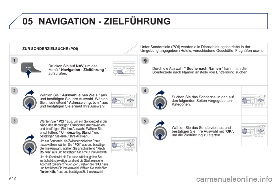 PEUGEOT 807 2013 Betriebsanleitungen (in German) 9.12
05
ZUR SONDERZIELSUCHE (POI)
NAVIGATION - ZIELFÜHRUNG
Unter Sonderziele (POI) werden alle Dienstleistungsbetriebe in der Umgebung angegeben (Hotels, verschiedene Geschäfte, Flughäfen us PEUGEOT 807 2013 Betriebsanleitungen (in German) 9.12
05
ZUR SONDERZIELSUCHE (POI)
NAVIGATION - ZIELFÜHRUNG
Unter Sonderziele (POI) werden alle Dienstleistungsbetriebe in der Umgebung angegeben (Hotels, verschiedene Geschäfte, Flughäfen us