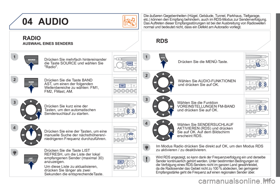PEUGEOT 807 2013 Betriebsanleitungen (in German) 9.65
04 AUDIO
Drücken Sie mehrfach hintereinander
die Taste SOURCE und wählen Sie"Radio".
Drücken
Sie die Taste BANDAST, um einen der folgenden
Wellenbereiche zu wählen: FM1,FM2, FMas PEUGEOT 807 2013 Betriebsanleitungen (in German) 9.65
04 AUDIO
Drücken Sie mehrfach hintereinander
die Taste SOURCE und wählen Sie"Radio".
Drücken
Sie die Taste BANDAST, um einen der folgenden
Wellenbereiche zu wählen: FM1,FM2, FMas