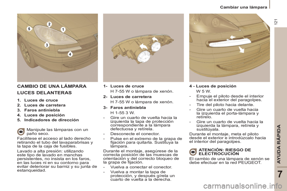 PEUGEOT 807 2013 Manual del propietario (in Spanish) 121
AYUDA RÁPIDA
7
Cambiar una lámpara
CAMBIO DE UNA LÁMPARA
Manipule las lámparas con un
paño seco.
Facilítese el acceso al lado derecho
retirando el tubo del lavaparabris PEUGEOT 807 2013 Manual del propietario (in Spanish) 121
AYUDA RÁPIDA
7
Cambiar una lámpara
CAMBIO DE UNA LÁMPARA
Manipule las lámparas con un
paño seco.
Facilítese el acceso al lado derecho
retirando el tubo del lavaparabris