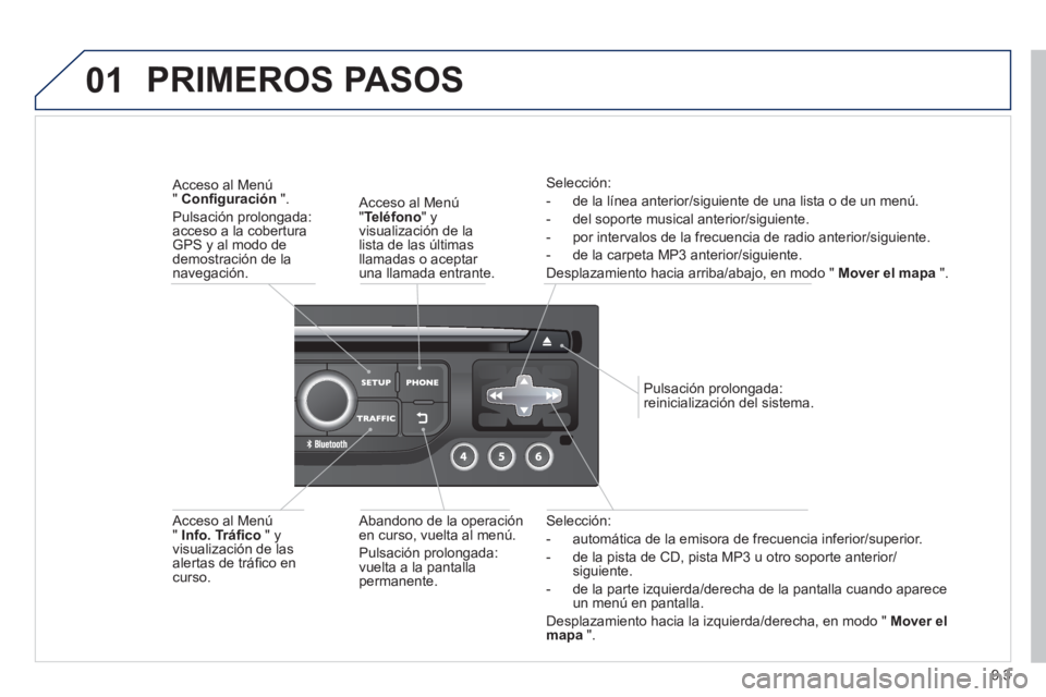 PEUGEOT 807 2013 Manual del propietario (in Spanish) 9.3
01
Selección:
- automática de la emisora de frecuencia inferior/superior.
- de la pista de
CD, pista MP3 u otro soporte anterior/siguiente.
- de la parte izquierda
/derecha de la pantall PEUGEOT 807 2013 Manual del propietario (in Spanish) 9.3
01
Selección:
- automática de la emisora de frecuencia inferior/superior.
- de la pista de
CD, pista MP3 u otro soporte anterior/siguiente.
- de la parte izquierda
/derecha de la pantall