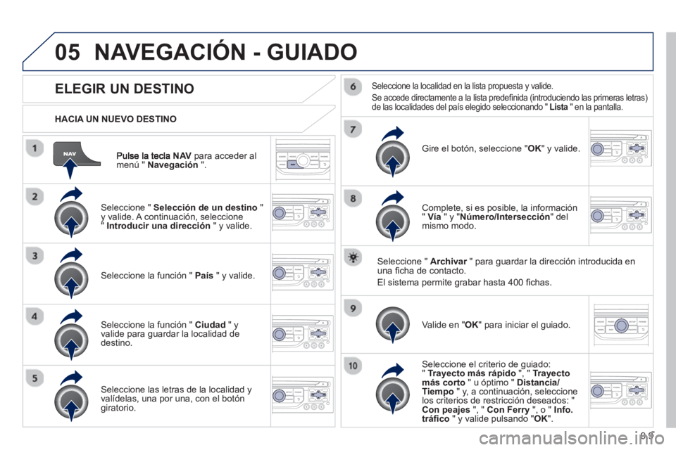 PEUGEOT 807 2013 Manual del propietario (in Spanish) 9.9
05
NAV para acceder al
menú " Navegación".
HACIA UN NUEVO DESTINO
NAVEGACIÓN - GUIADO
ELEGIR UN DESTINO
Seleccione " Selección de un destino
" y valide. A con PEUGEOT 807 2013 Manual del propietario (in Spanish) 9.9
05
NAV para acceder al
menú " Navegación".
HACIA UN NUEVO DESTINO
NAVEGACIÓN - GUIADO
ELEGIR UN DESTINO
Seleccione " Selección de un destino
" y valide. A con