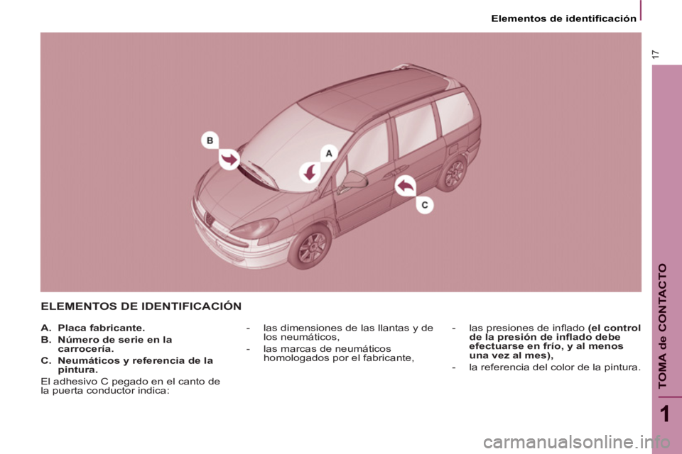 PEUGEOT 807 2013  Manual del propietario (in Spanish) 17
1
TOMA de CONTACTO
   
 
Elementos de identiﬁ cación  
 
 
ELEMENTOS DE IDENTIFICACIÓN
 
 
 
-   las dimensiones de las llantas y de 
los neumáticos, 
   
-   las marcas de neumáticos 
homolo