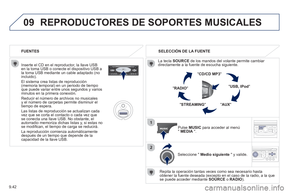 PEUGEOT 807 2013  Manual del propietario (in Spanish) 9.42
09REPRODUCTORES DE SOPORTES MUSICALES 
   
Inserte el CD en el reproductor, la llave USB en la toma USB o conecte el dispositivo USB a
la toma USB mediante un cable adaptado (no
incluido). 
  El 