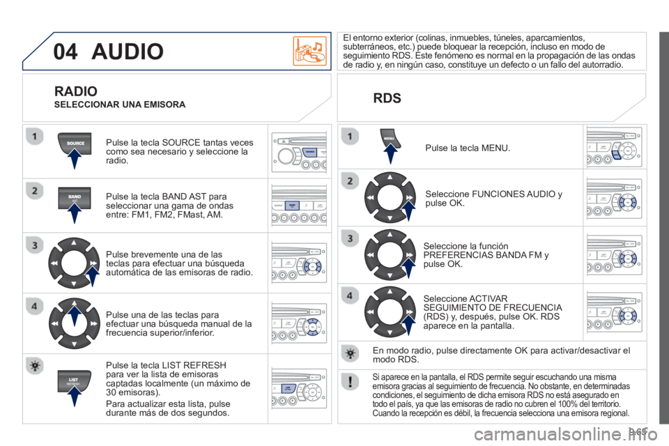 PEUGEOT 807 2013 Manual del propietario (in Spanish) 9.65
04 AUDIO
Pulse la tecla SOURCE tantas vecescomo sea necesario y seleccione laradio.
Pulse la tecla BAND A
ST paraseleccionar una gama de ondasentre: FM1, FM2, FMast, AM.
Pulse bre PEUGEOT 807 2013 Manual del propietario (in Spanish) 9.65
04 AUDIO
Pulse la tecla SOURCE tantas vecescomo sea necesario y seleccione laradio.
Pulse la tecla BAND A
ST paraseleccionar una gama de ondasentre: FM1, FM2, FMast, AM.
Pulse bre