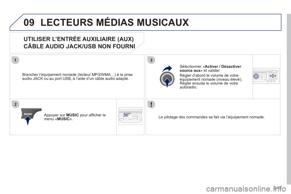 PEUGEOT 807 2013  Manuel du propriétaire (in French) 9.45
09LECTEURS MÉDIAS MUSICAUX
UTILISER L’ENTRÉE AUXILIAIRE (AUX)   
CÂBLE AUDIO JACK/USB NON FOURNI 
   
Brancher l’équipement nomade (lecteur MP3/WMA…) à la prise
audio JACK ou au port U