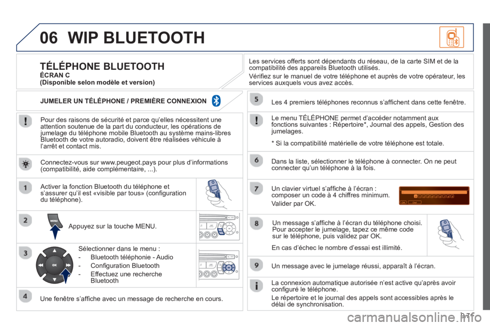 PEUGEOT 807 2013  Manuel du propriétaire (in French) 9.71
06WIP BLUETOOTH 
   
Pour des raisons de sécurité et parce qu’elles nécessitent une
attention soutenue de la part du conducteur, les opérations de 
jumelage du téléphone mobile Bluetooth 
