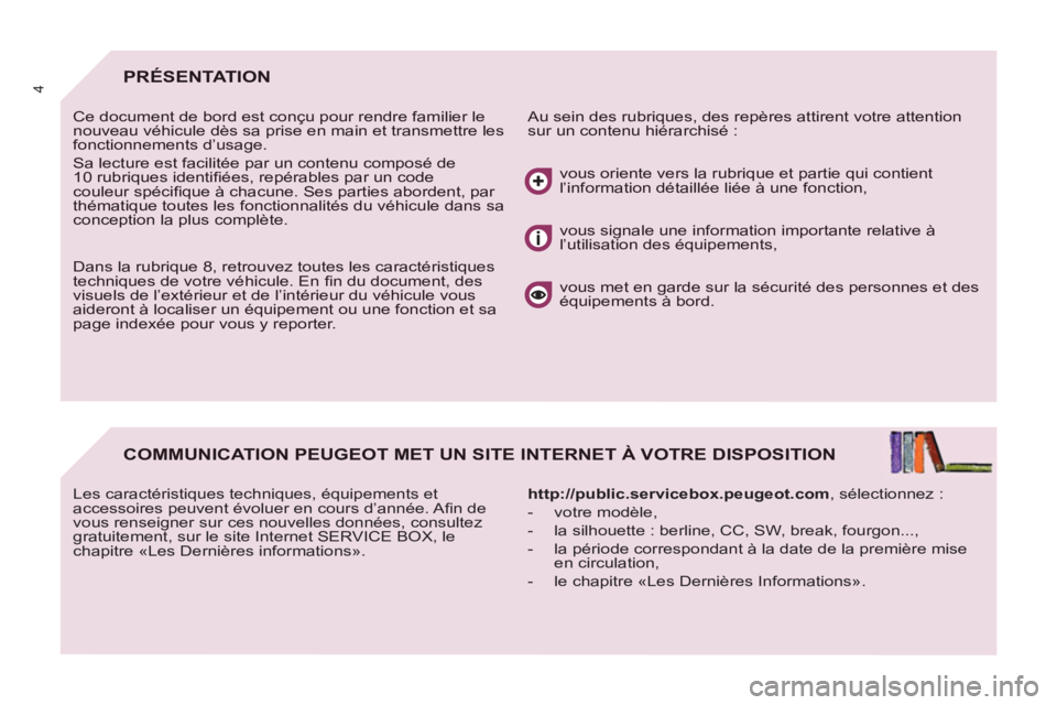 PEUGEOT 807 2013  Manuel du propriétaire (in French) 4PRÉSENTATION
  Au sein des rubriques, des repères attirent votre attention sur un contenu hiérarchisé : Ce document de bord est conçu pour rendre familier le nouveau véhicule dès sa prise en m