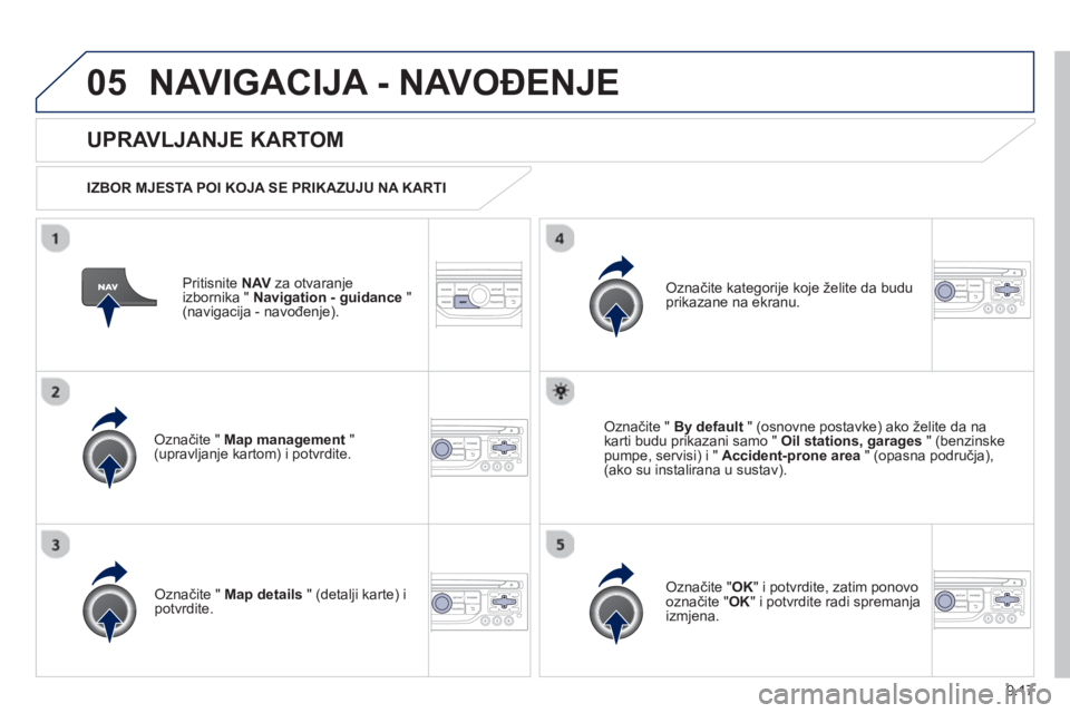 PEUGEOT 807 2013  Upute Za Rukovanje (in Croatian) 9.17
05NAVIGACIJA - NAVOĐENJE 
Pritisnite  NAVza otvaranje
izbornika " Navigation - guidance"(navigacija - navođenje). 
 
 
UPRAVLJANJE KARTOM
 
 
IZBOR MJESTA POI KOJA SE PRIKAZUJU NA KARTI  
Ozna