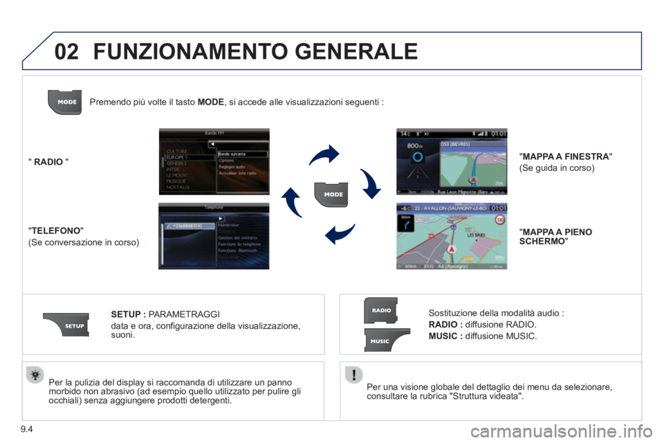 PEUGEOT 807 2013  Manuale duso (in Italian) 9.4
02
   Per una visione globale del dettaglio dei menu da selezionare,consultare la rubrica "Struttura videata".    
Per la pulizia del displa
y si raccomanda di utilizzare un pannomorbido non abras