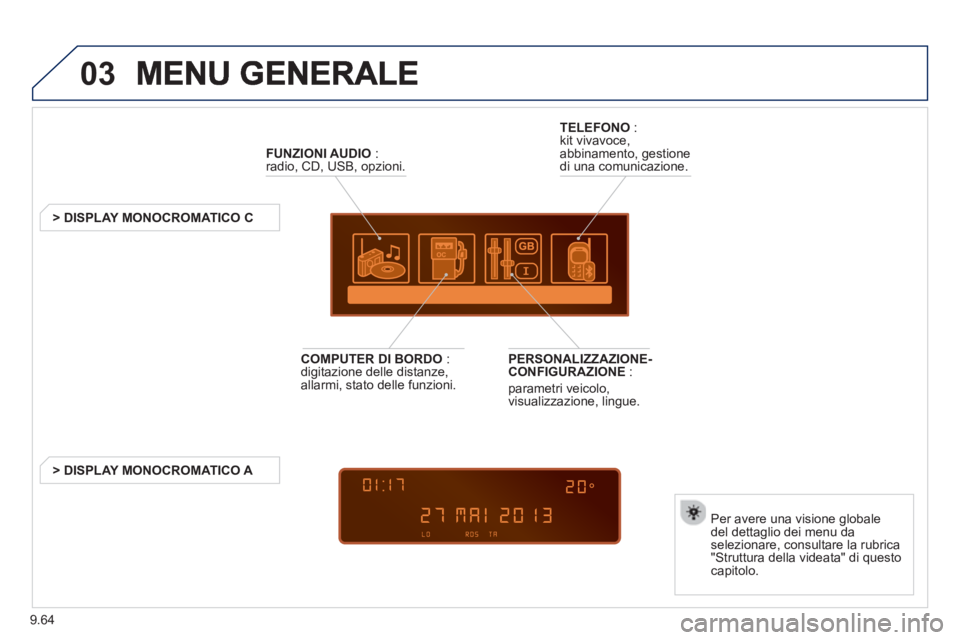 PEUGEOT 807 2013  Manuale duso (in Italian) 9.64
03
FUNZIONI AUDIO 
 :radio, CD, USB, opzioni.  
   
 
 
 
 
 
 
 
> DISPLAY MONOCROMATICO C  
Per avere una visione 
globale 
del dettaglio dei menu da selezionare, consultare la rubrica
"Struttu