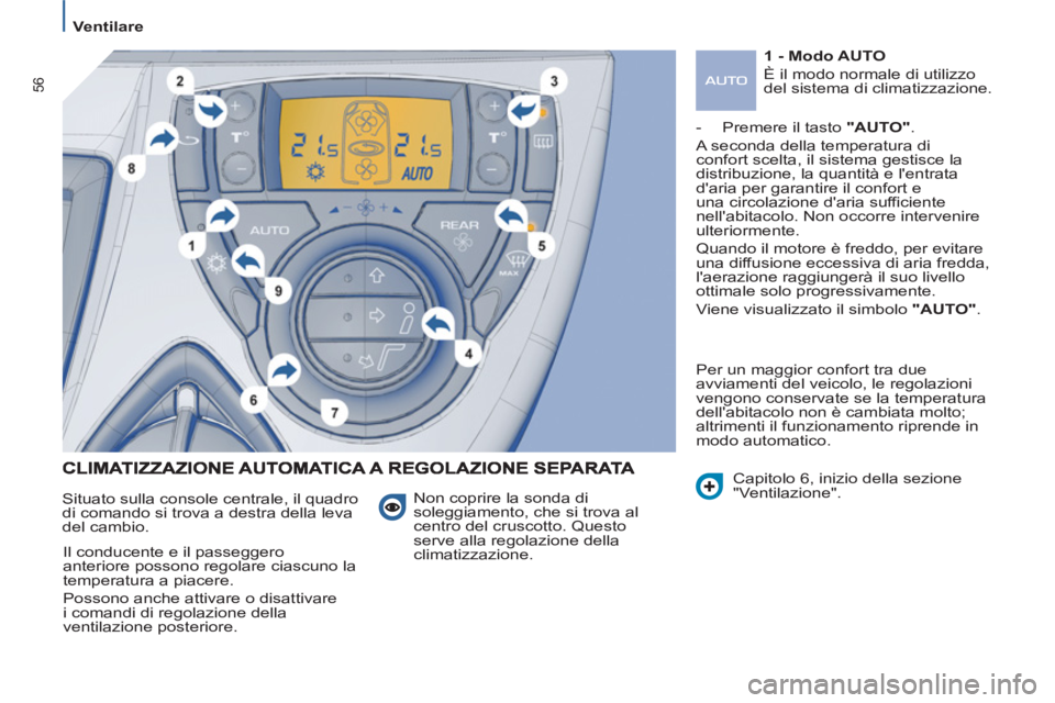 PEUGEOT 807 2013 Manuale duso (in Italian) 56
Ventilare
Non coprire la sonda di
soleggiamento, che si trova al
centro del cruscotto. Questo
serve alla regolazione della
climatizzazione. Situato sulla console centrale, il quadro
di PEUGEOT 807 2013 Manuale duso (in Italian) 56
Ventilare
Non coprire la sonda di
soleggiamento, che si trova al
centro del cruscotto. Questo
serve alla regolazione della
climatizzazione. Situato sulla console centrale, il quadro
di
