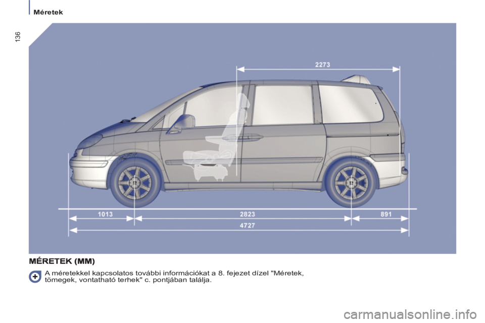 PEUGEOT 807 2013  Kezelési útmutató (in Hungarian) 136
  Méretek 
 
A méretekkel kapcsolatos további információkat a 8. fejezet dízel "Méretek, 
tömegek, vontatható terhek" c. pontjában találja.  