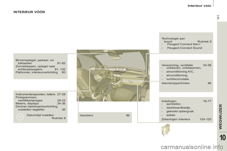 PEUGEOT 807 2013  Instructieboekje (in Dutch) 141
WEGWIJZE
R
10
  Interieur vóór 
 
Instrumentenpanelen, tellers 27-28 
  Pictogrammen, 
verklikkerlampjes 29-33 
  Meters, displays  34-36 
  Dimmer dashboardverlichting, 
nulstellen dagteller  3
