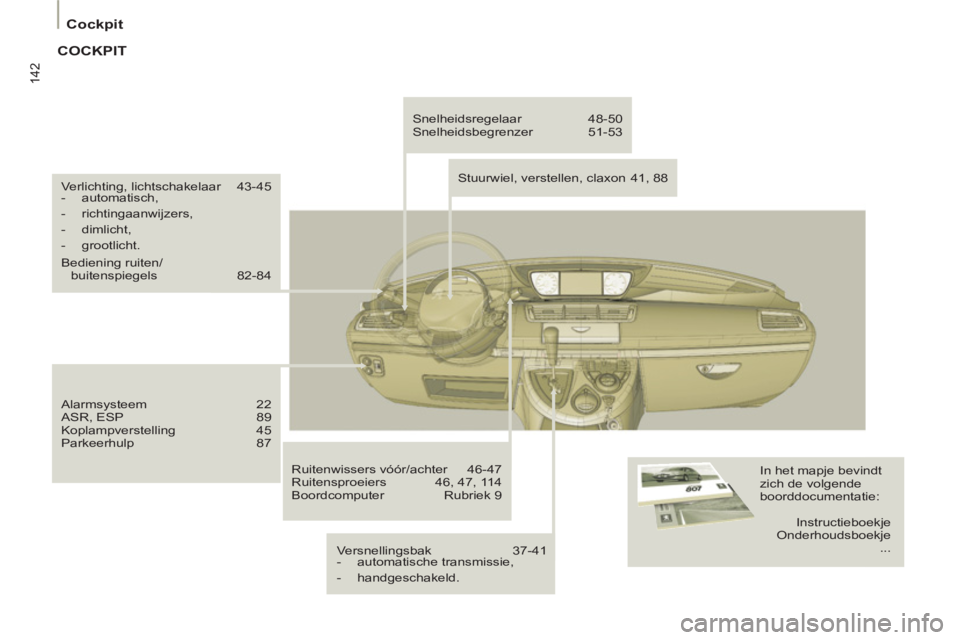 PEUGEOT 807 2013  Instructieboekje (in Dutch) 142
  Cockpit 
 
Verlichting, lichtschakelaar  43-45 
   
 
-  automatisch, 
   
-  richtingaanwijzers, 
   
-  dimlicht, 
   
-  grootlicht.  
  Bediening ruiten/
buitenspiegels 82-84 
  Alarmsysteem
