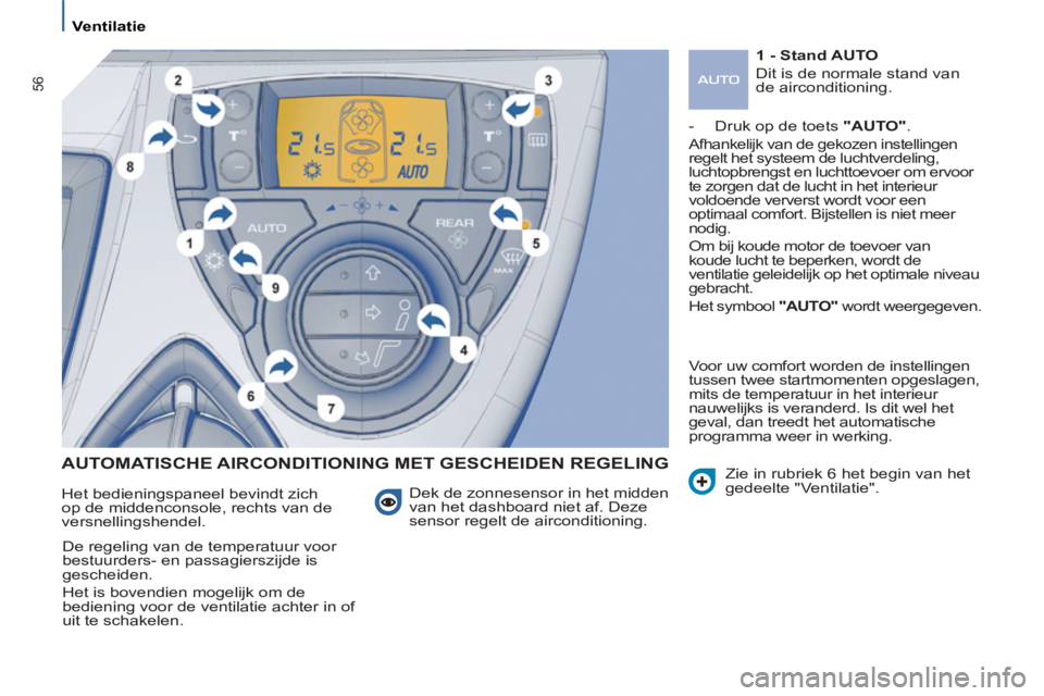 PEUGEOT 807 2013  Instructieboekje (in Dutch) 56
   
 
Ventilatie 
 
 
AUTOMATISCHE AIRCONDITIONING MET GESCHEIDEN REGELING
 
Dek de zonnesensor in het midden 
van het dashboard niet af. Deze 
sensor regelt de airconditioning.    Het bedieningspa