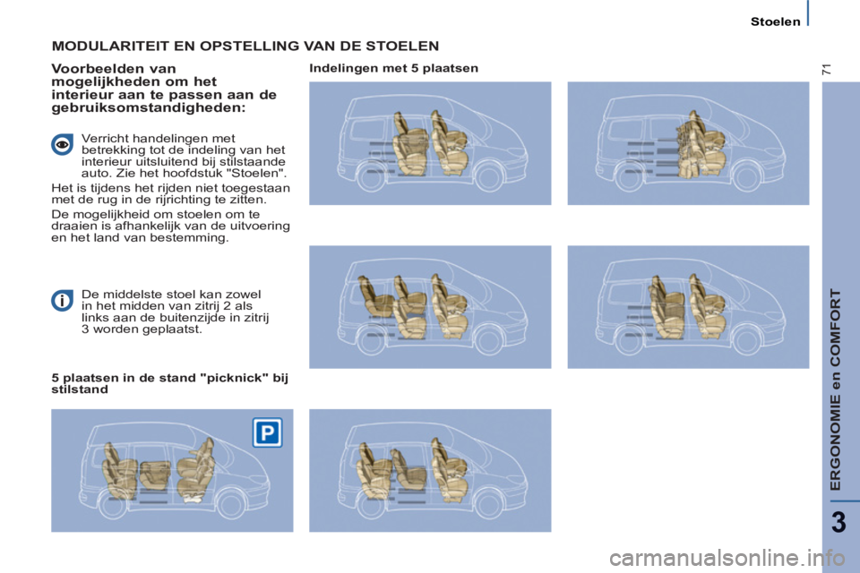PEUGEOT 807 2013  Instructieboekje (in Dutch) ERGONOMIE en COMFORT
3
71
Stoelen
   
De middelste stoel kan zowel 
in het midden van zitrij 2 als 
links aan de buitenzijde in zitrij 
3 worden geplaatst.  
 
MODULARITEIT EN OPSTELLING VAN DE STOELE