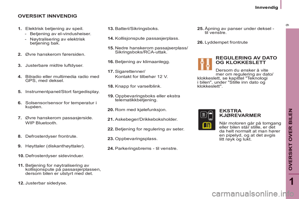 PEUGEOT 807 2013  Instruksjoner for bruk (in Norwegian) 9
1
OVERSIKT OVER BILE
N
   
 
Innvendig  
 
   
13. 
 Batteri/Sikringsboks. 
   
14. 
 Kollisjonspute  passasjerplass. 
   
15. 
 Nedre hanskerom passajserplass/
Sikringsboks/RCA-uttak. 
   
16. 
 Be